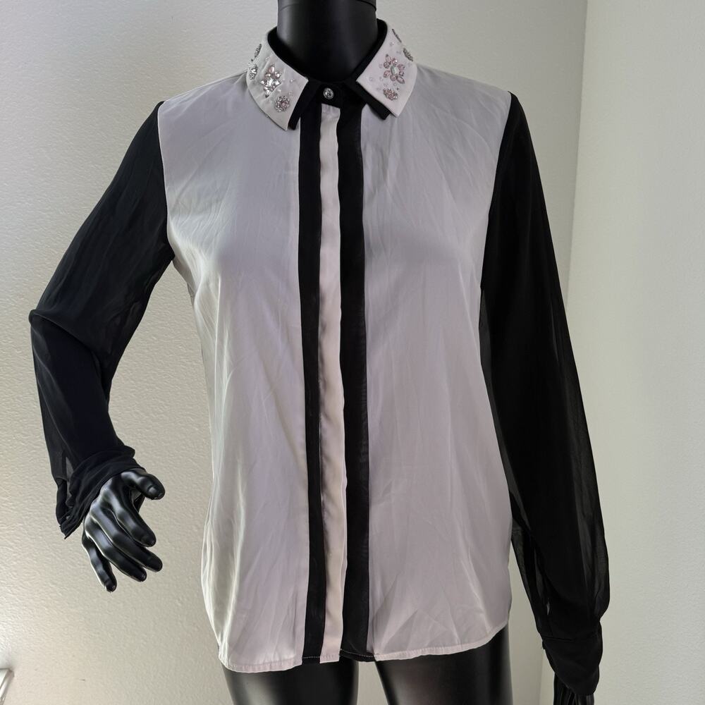 PRINCESS VERA WANG S White Poly Button Down EMBELLISHED BLOUSE Rhinestone